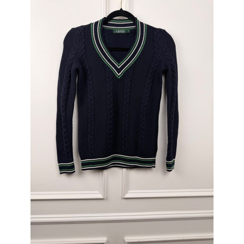 Lauren Ralph Lauren Navy Blue Cotton Cable Knit Cricket V-Neck Sweater XS